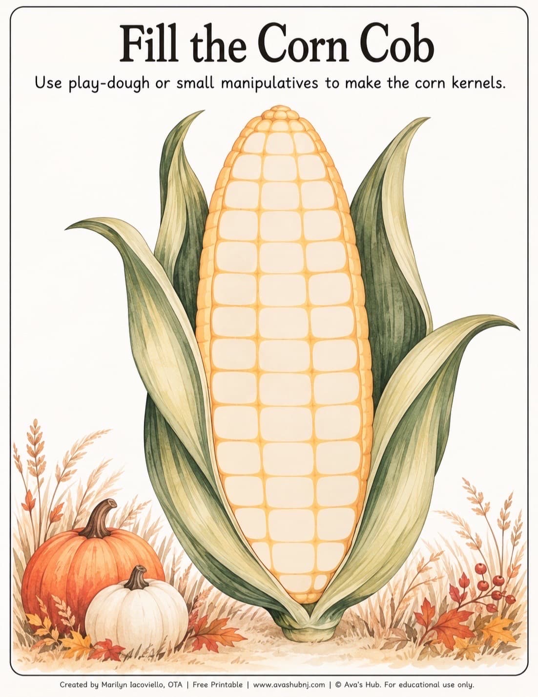 Fill the Corn Cob – Free Play-Dough Fine Motor Printable | Ages 2–6