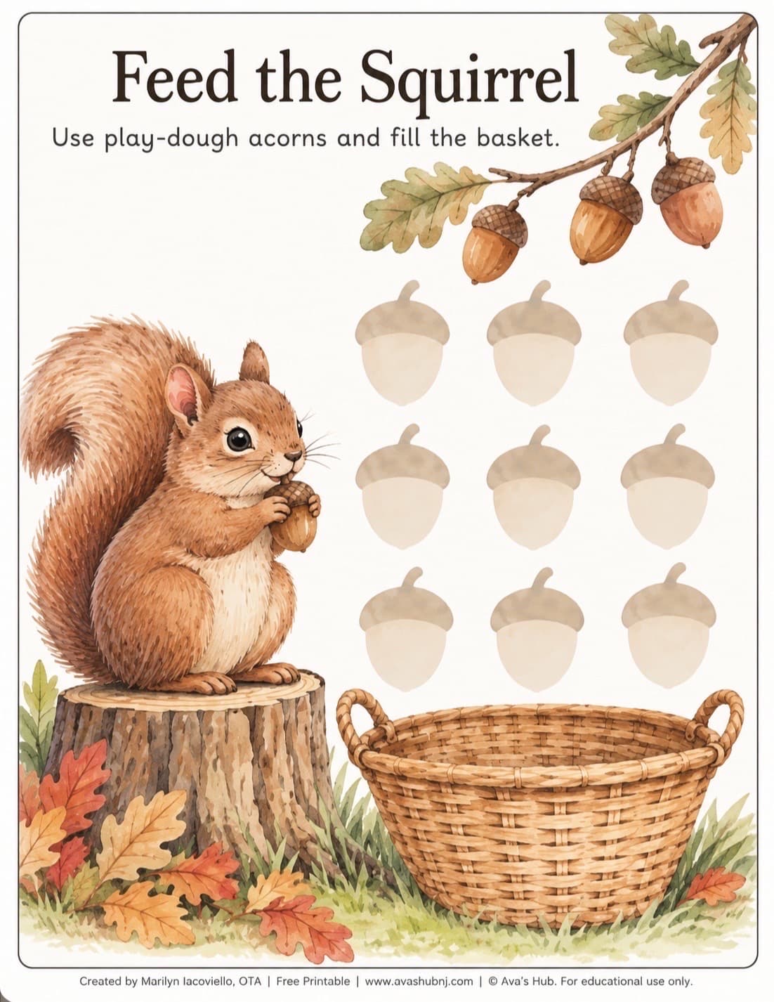 Feed the Squirrel – Free Fall Counting & Fine Motor Printable | Ages 2–6